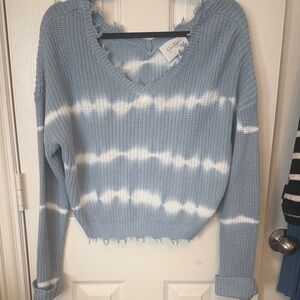 Jessica Simpson Blue and White V-Neck Cropped Sweater